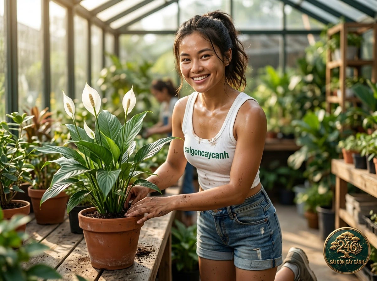 Hands-on plant care moments with Furry feather calathea (Goeppertia rufibarba) at Saigon Cay Canh