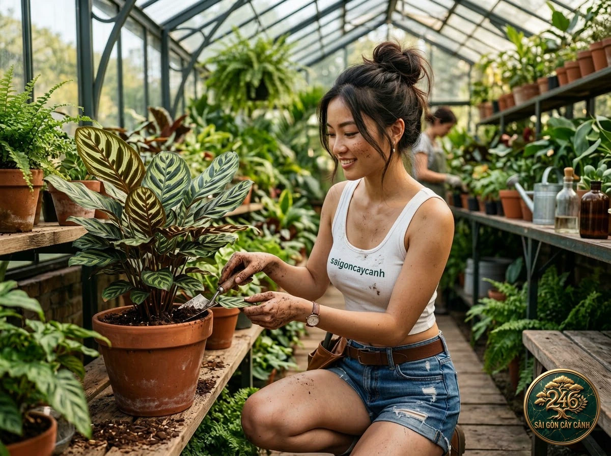 Hands-on plant care moments with Rattlesnake calathea (Goeppertia insignis) at Saigon Cay Canh