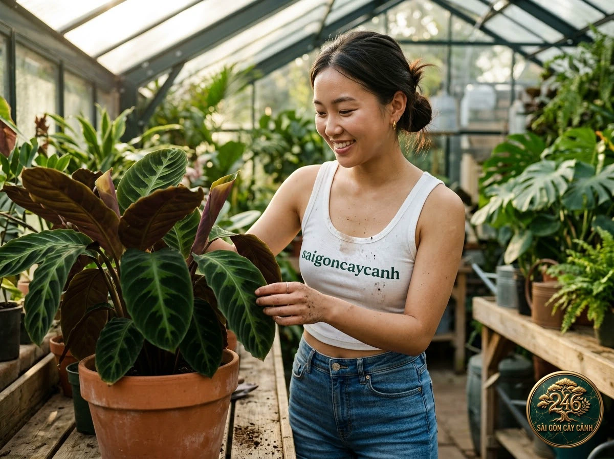 Khoảnh khắc chăm sóc Cây cẩm thạch xương cá (Ctenanthe burle-marxii) tại vườn ươm Sài Gòn Cây Cảnh