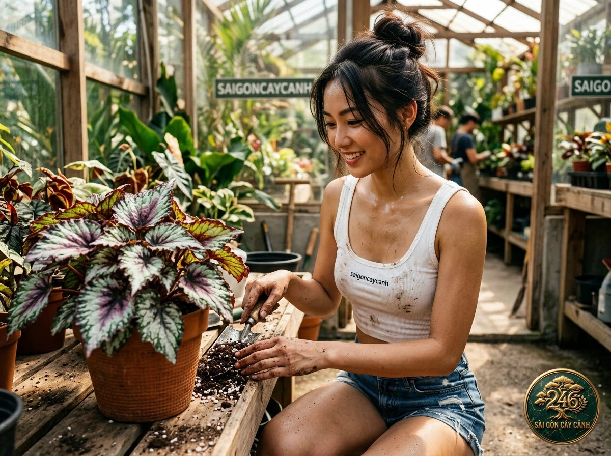 Hands-on plant care moments with Grey star ctenanthe (Ctenanthe setosa) at Saigon Cay Canh