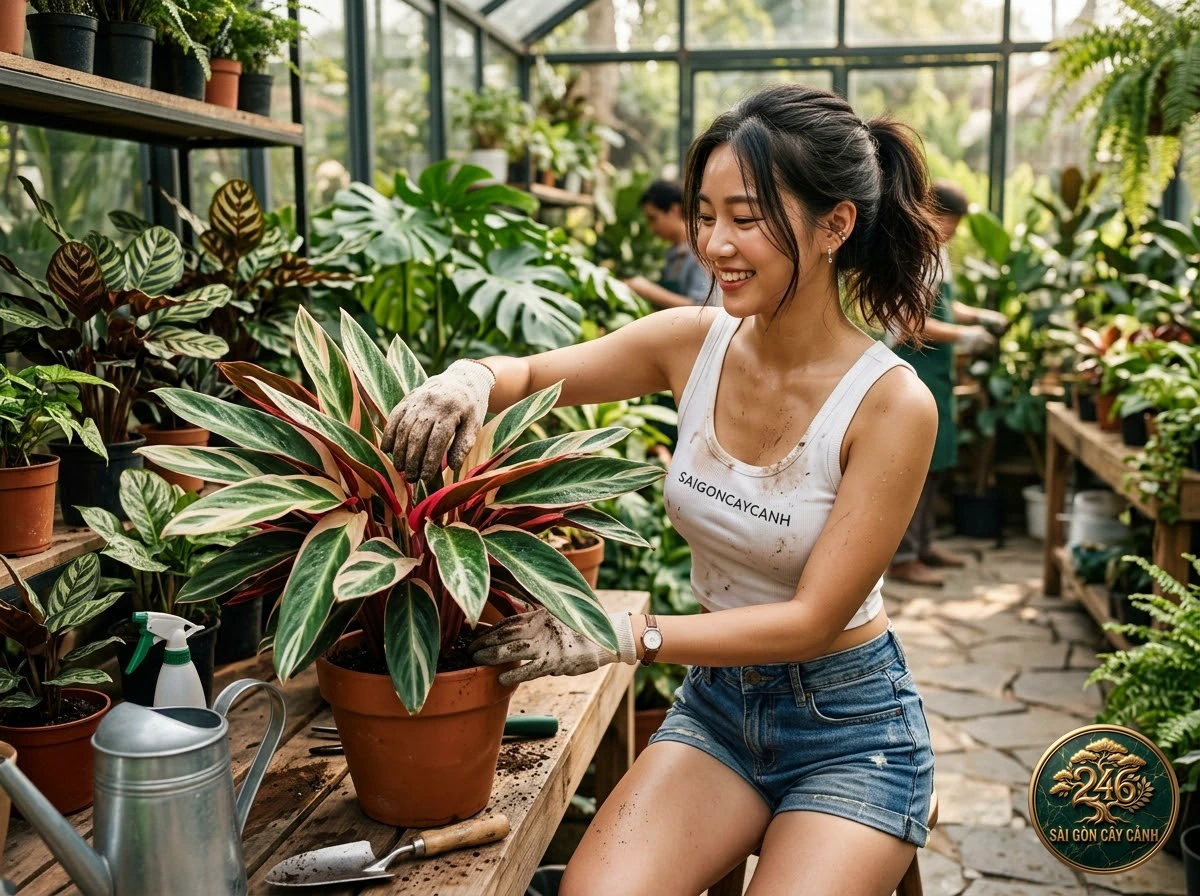 Hands-on plant care moments with Golden mosaic ctenanthe (Ctenanthe lubbersiana) at Saigon Cay Canh
