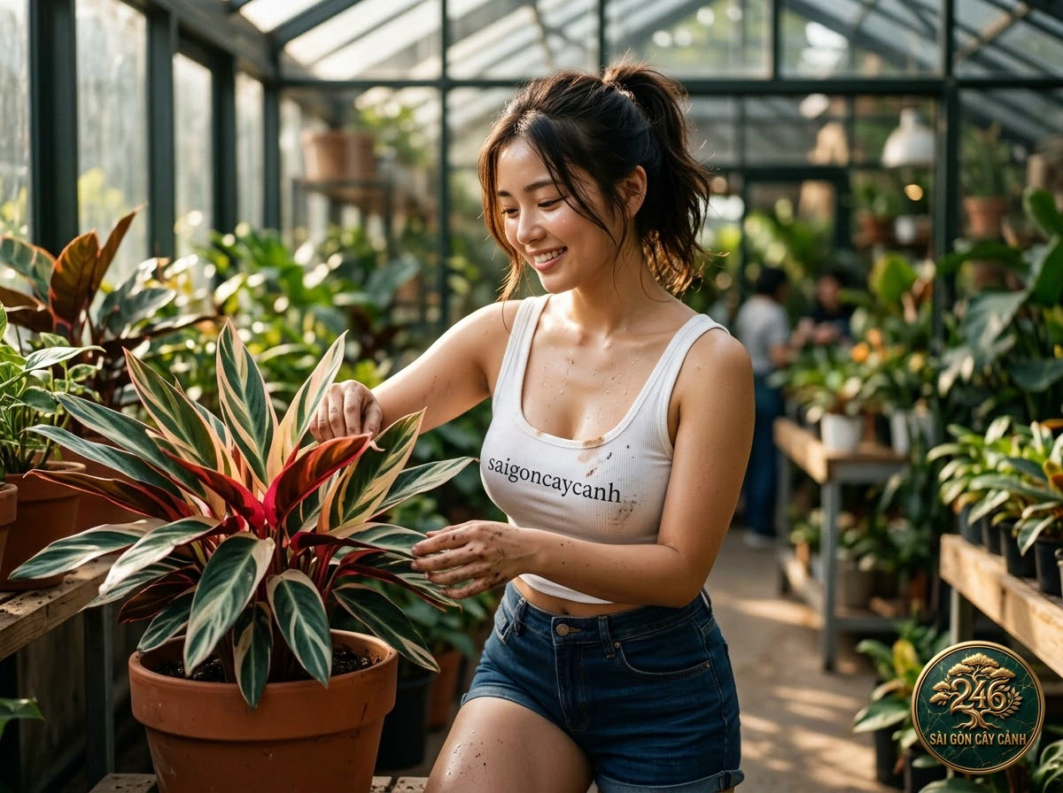 Hands-on plant care moments with Triostar stromanthe (Stromanthe sanguinea) at Saigon Cay Canh