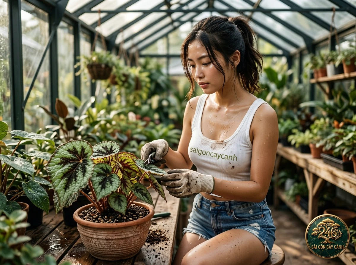 Hands-on plant care moments with Metallic begonia (Begonia metallica) at Saigon Cay Canh