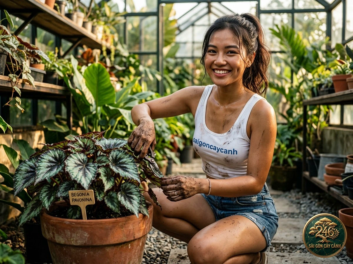 Khoảnh khắc chăm sóc Thu hải đường mắt hổ (Begonia bowerae) tại vườn ươm Sài Gòn Cây Cảnh