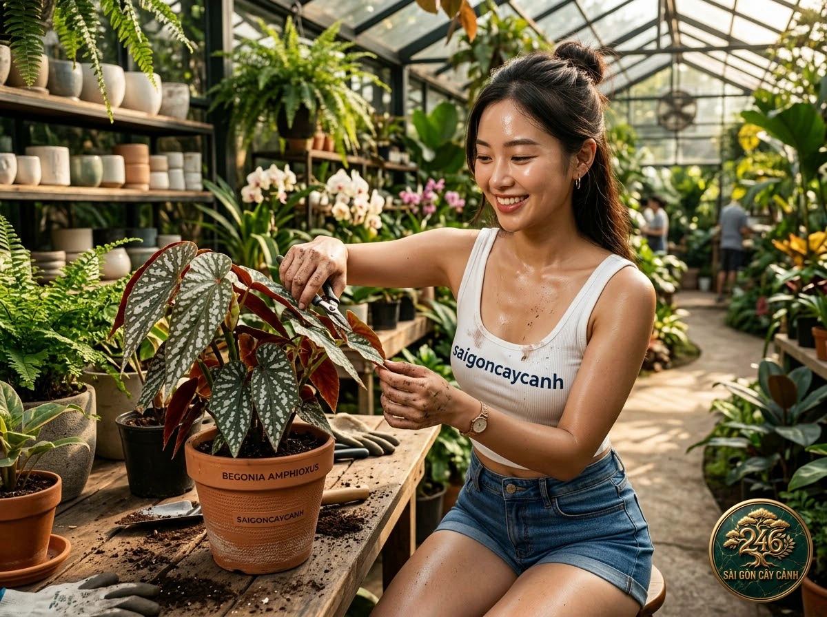 Khoảnh khắc chăm sóc Thu hải đường đốm ngọc (Begonia chlorosticta) tại vườn ươm Sài Gòn Cây Cảnh