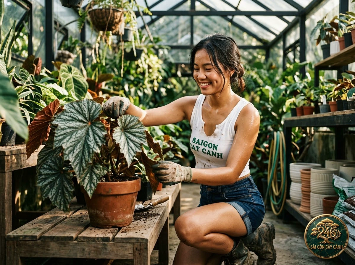 Khoảnh khắc chăm sóc Thu hải đường bóng đêm (Begonia darthvaderiana) tại vườn ươm Sài Gòn Cây Cảnh
