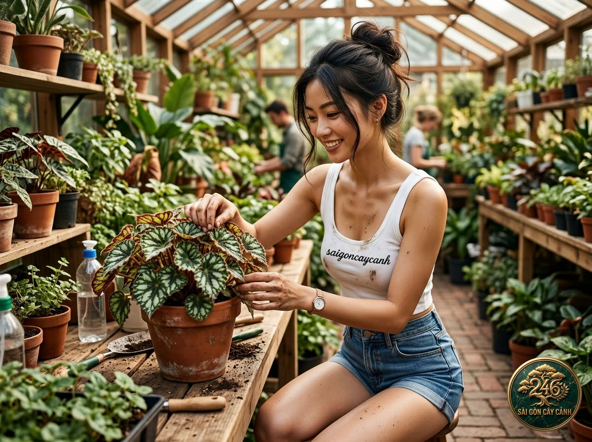 Hands-on plant care moments with Peacock begonia (Begonia pavonina) at Saigon Cay Canh
