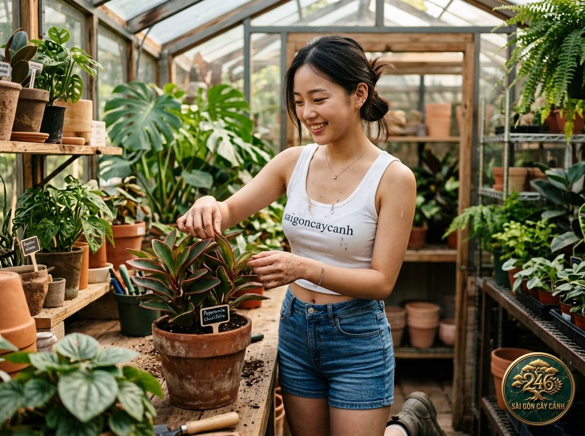 Khoảnh khắc chăm sóc Cây trường sinh nhăn tím (Peperomia caperata) tại vườn ươm Sài Gòn Cây Cảnh