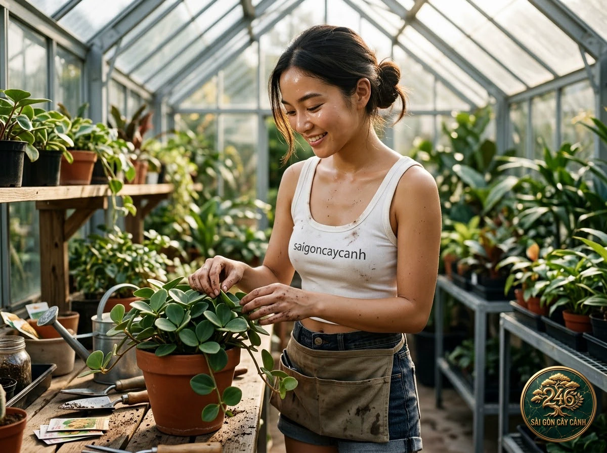 Hands-on plant care moments with Watermelon peperomia (Peperomia argyreia) at Saigon Cay Canh