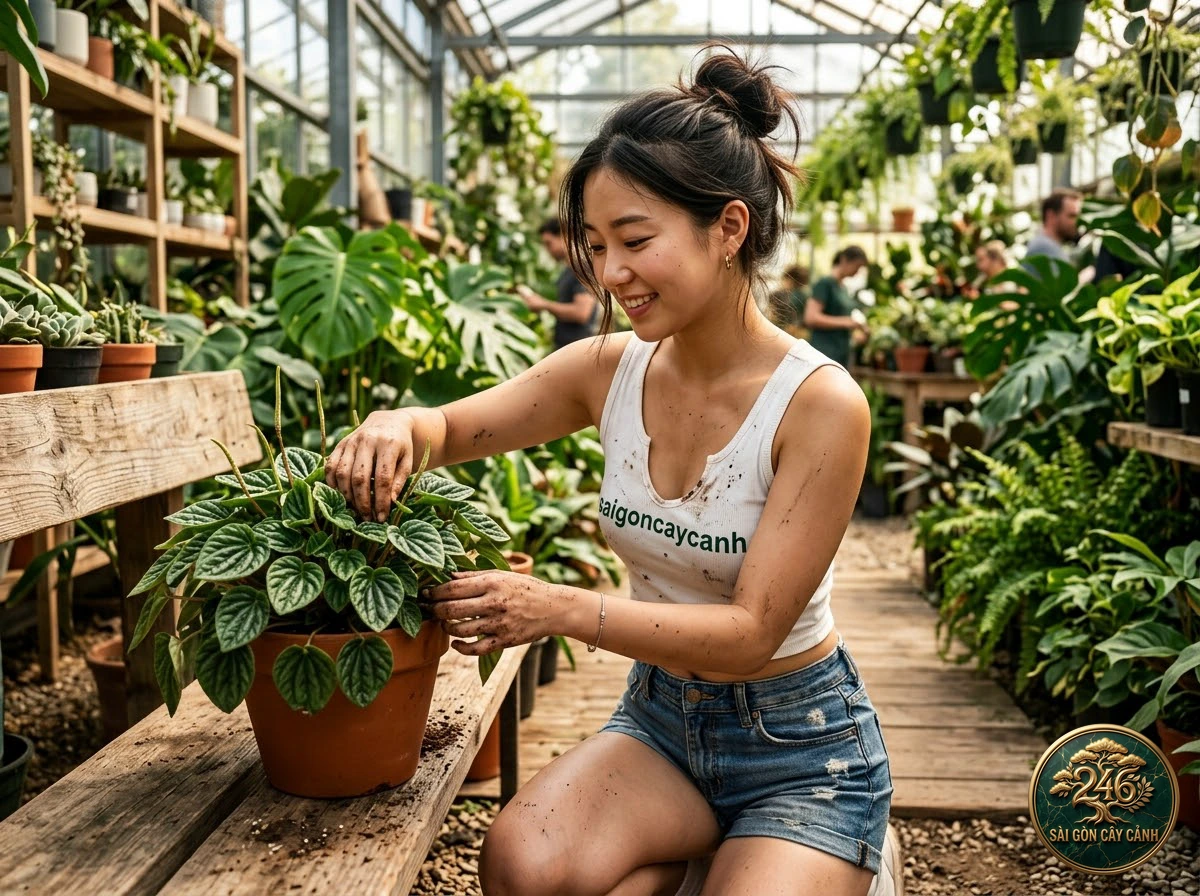 Hands-on plant care moments with Red edge peperomia (Peperomia clusiifolia) at Saigon Cay Canh