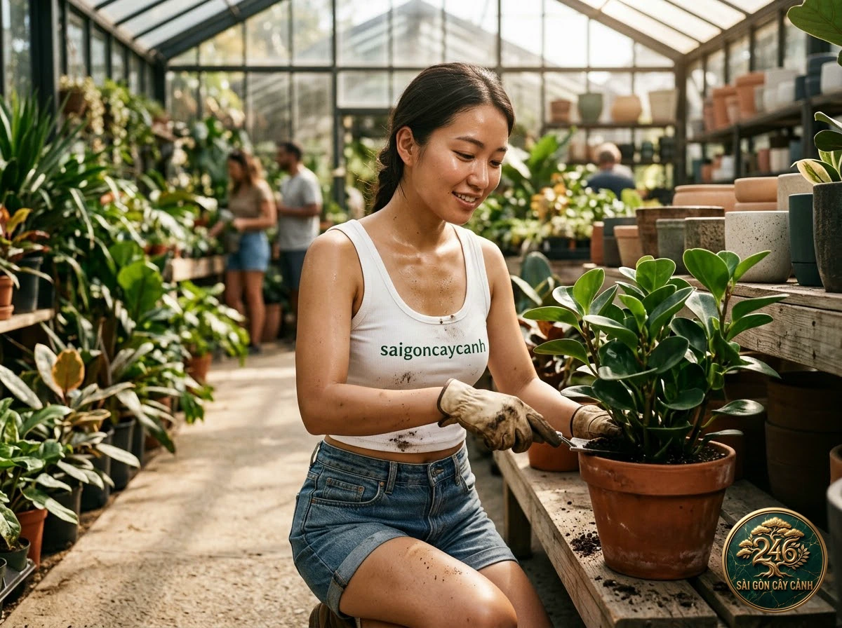 Hands-on plant care moments with Raindrop peperomia (Peperomia polybotrya) at Saigon Cay Canh