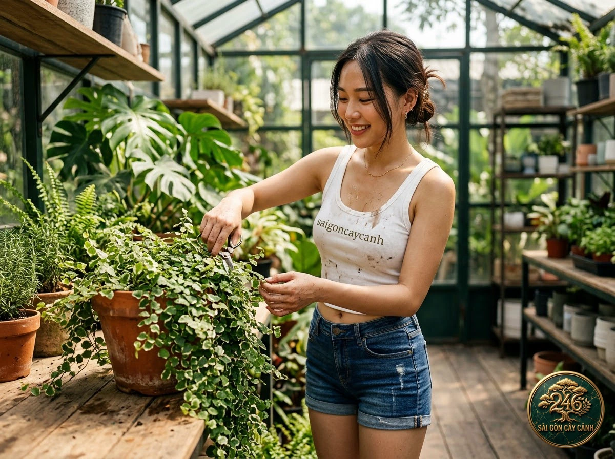 Khoảnh khắc chăm sóc Cây trường sinh sọc dưa (Peperomia angulata) tại vườn ươm Sài Gòn Cây Cảnh