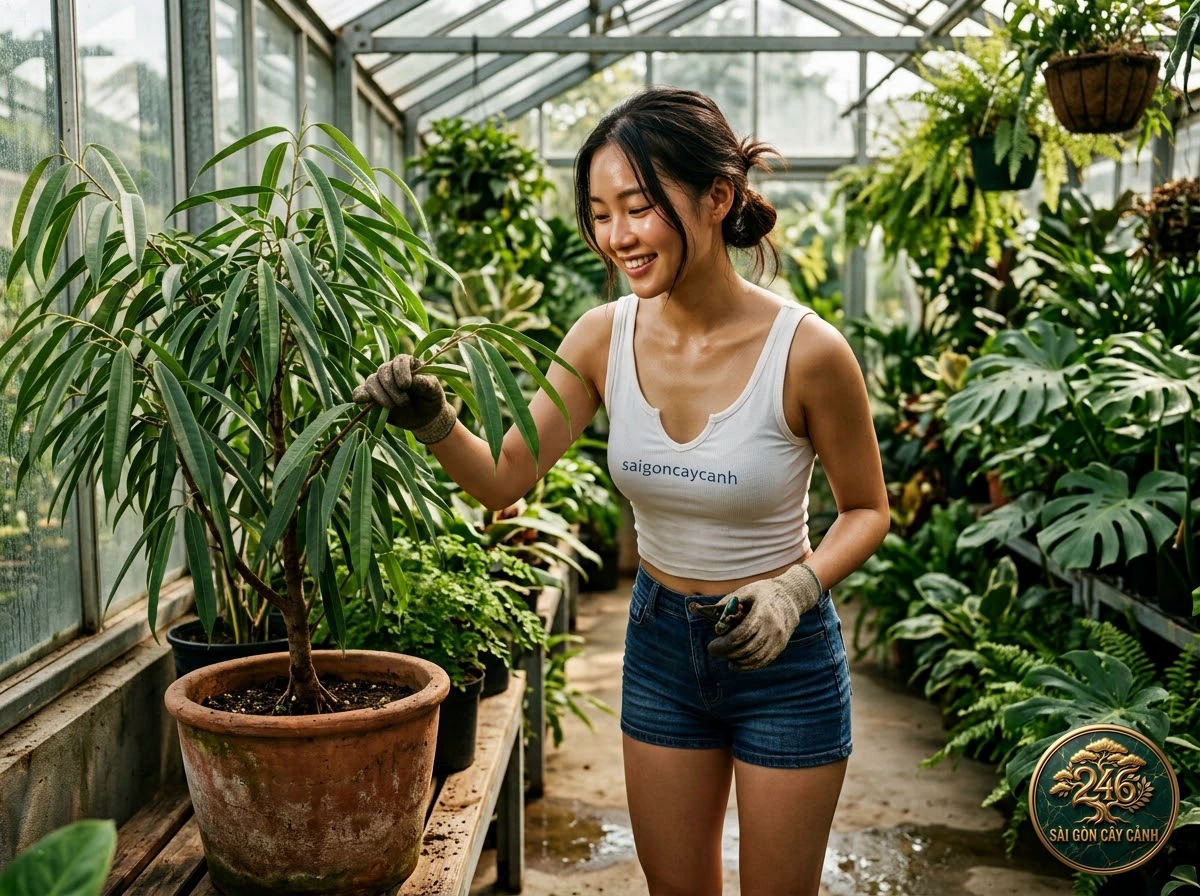 Khoảnh khắc chăm sóc Cây phát tài thanh long viền đỏ (Dracaena marginata) tại vườn ươm Sài Gòn Cây Cảnh