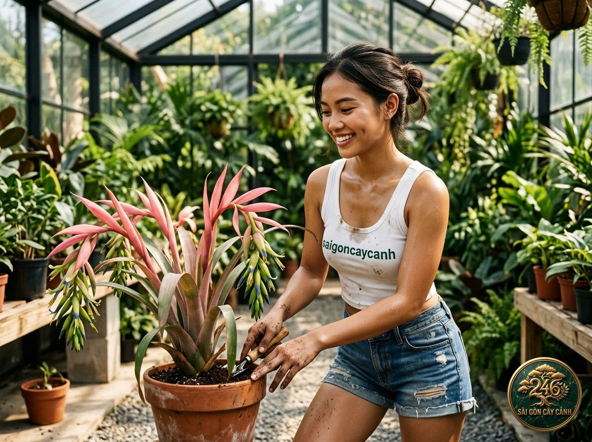 Hands-on plant care moments with Fingernail plant (Neoregelia spectabilis) at Saigon Cay Canh