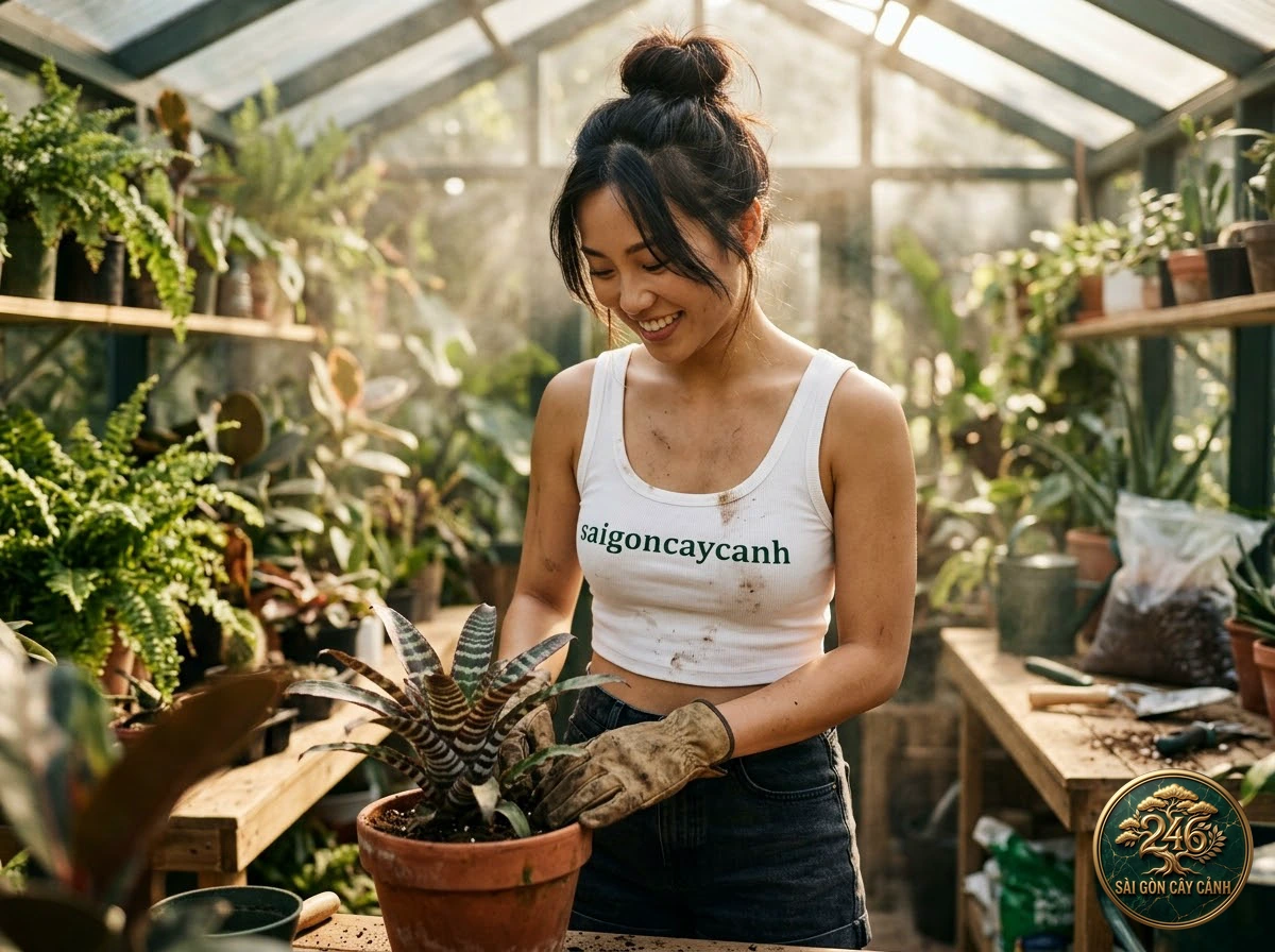 Hands-on plant care moments with Earth star (Cryptanthus bivittatus) at Saigon Cay Canh