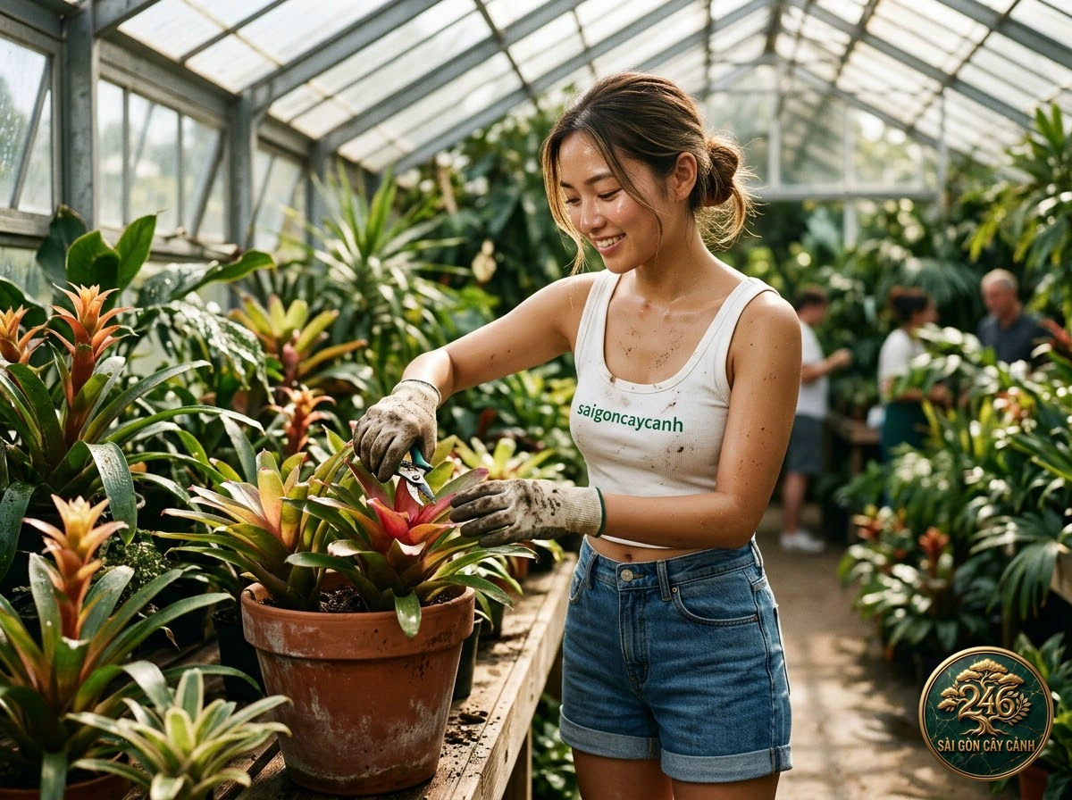 Hands-on plant care moments with Queen’s tears (Billbergia nutans) at Saigon Cay Canh