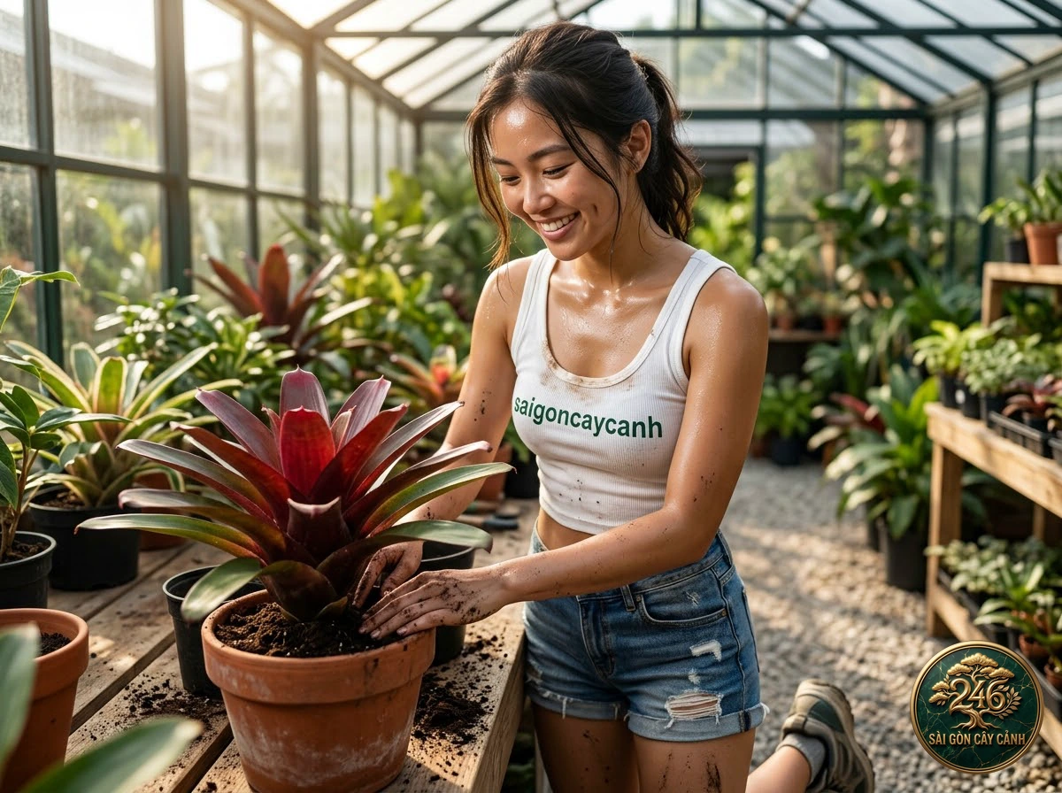 Khoảnh khắc chăm sóc Cây dứa phụng kiểng trái đỏ (Ananas comosus) tại vườn ươm Sài Gòn Cây Cảnh
