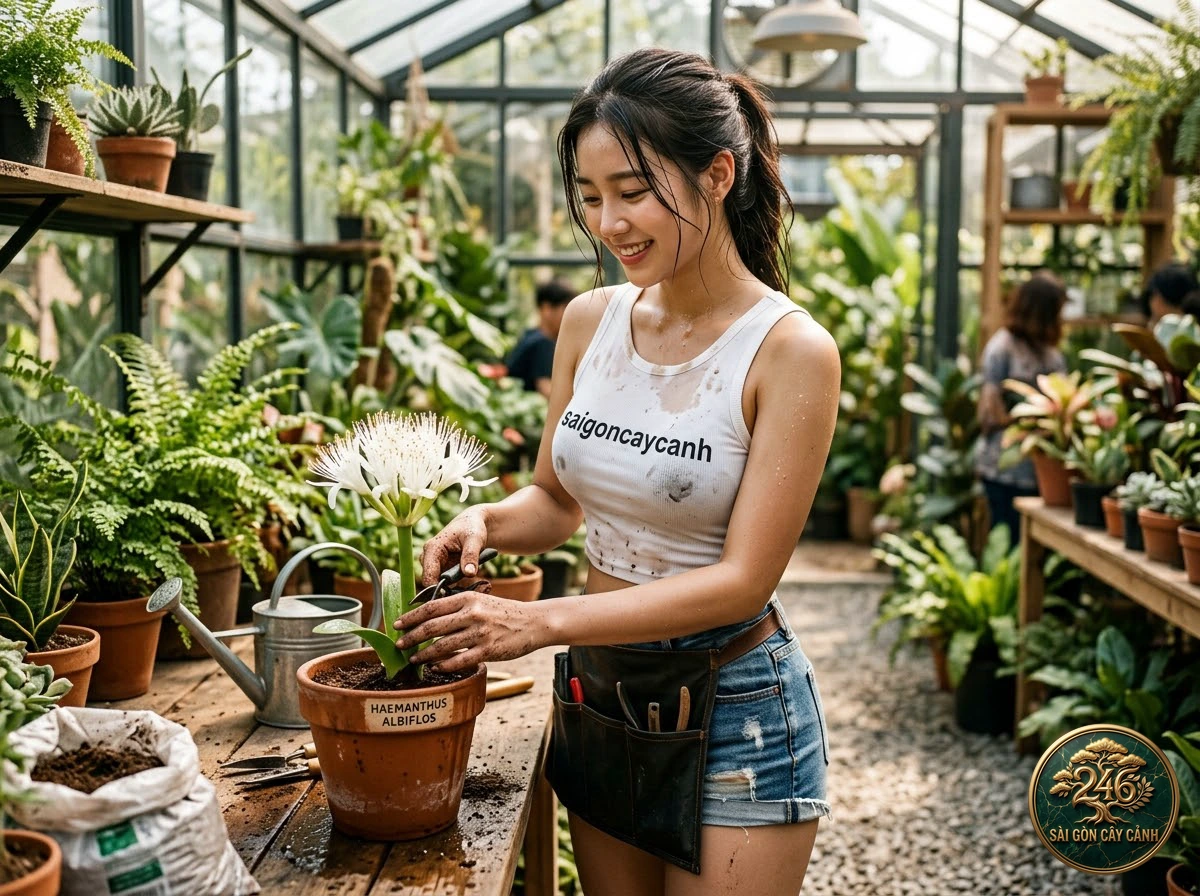 Khoảnh khắc chăm sóc Cây hoa lưỡi bò hoa cọ trắng (Haemanthus albiflos) tại vườn ươm Sài Gòn Cây Cảnh