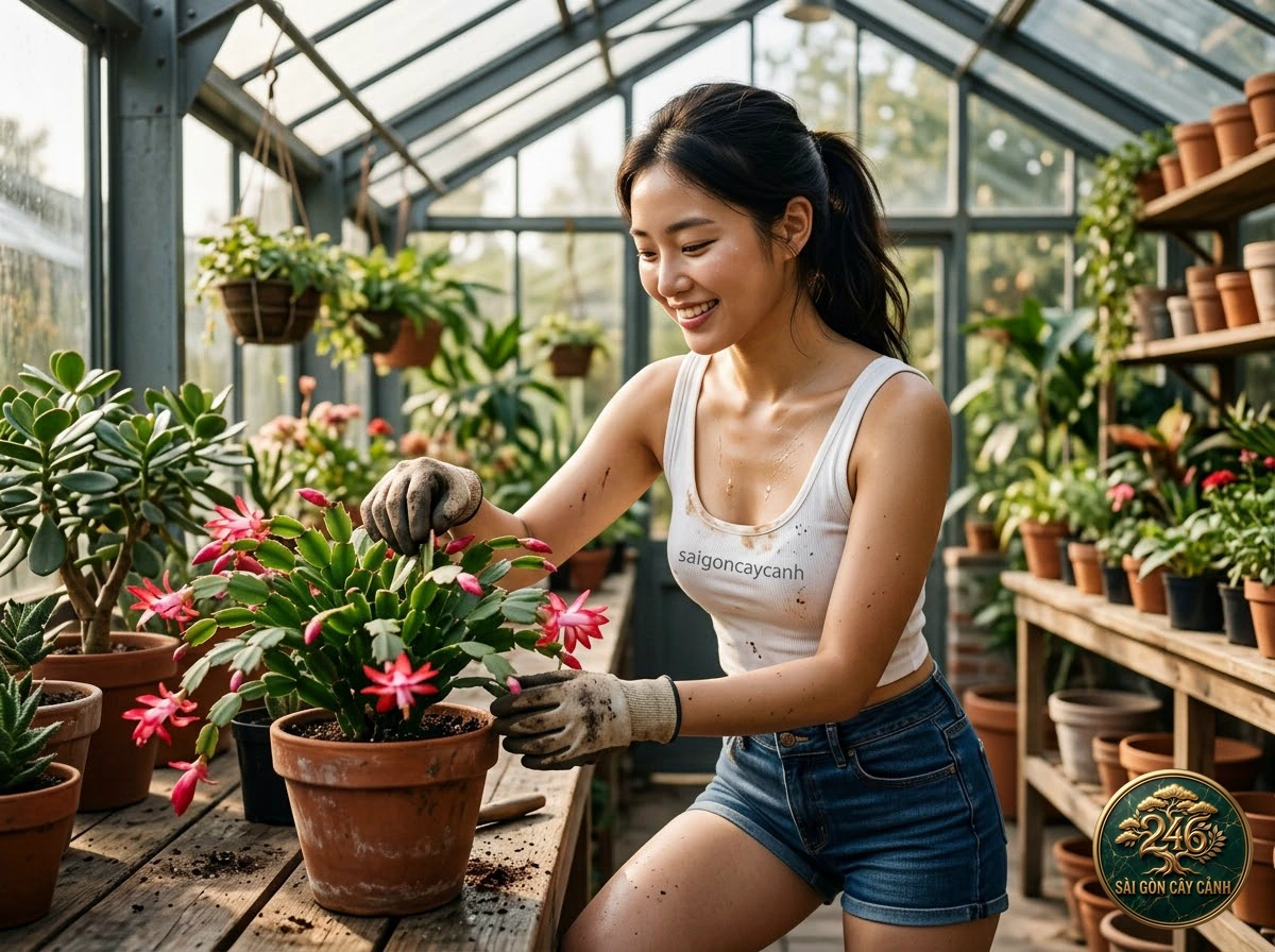 Khoảnh khắc chăm sóc Lan ý hòa bình hoa trắng (Spathiphyllum wallisii) tại vườn ươm Sài Gòn Cây Cảnh