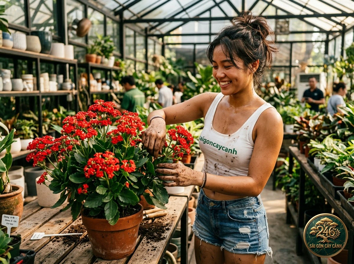 Khoảnh khắc chăm sóc Cây hoa sống đời chuông đỏ rủ (Kalanchoe manginii) tại vườn ươm Sài Gòn Cây Cảnh