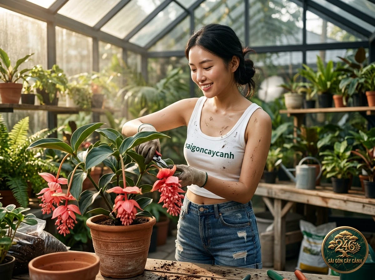 Hands-on plant care moments with Holiday cactus (Schlumbergera russelliana) at Saigon Cay Canh