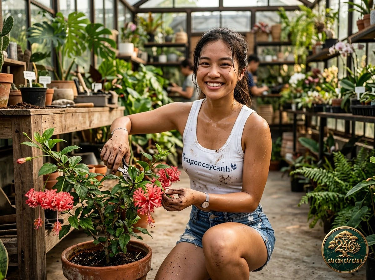 Hands-on plant care moments with Fringed rosemallow (Hibiscus schizopetalus) at Saigon Cay Canh