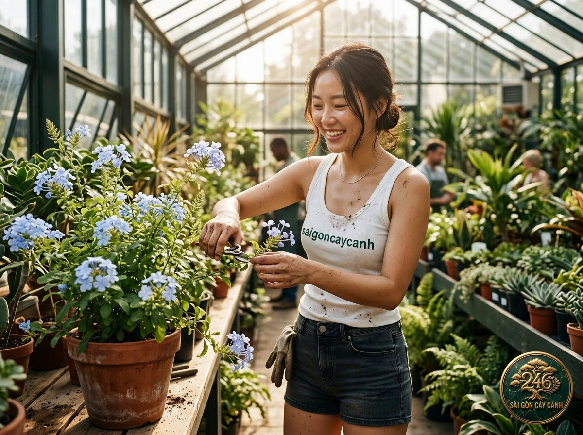 Khoảnh khắc chăm sóc Hoa mắt ngọc tím ba tư (Exacum affine) tại vườn ươm Sài Gòn Cây Cảnh