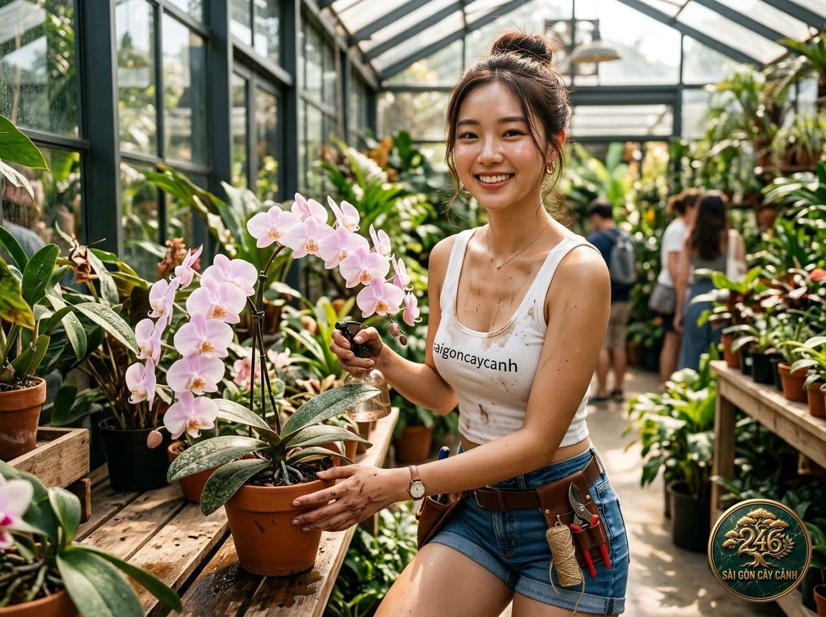 Hands-on plant care moments with Schiller’s phalaenopsis (Phalaenopsis schilleriana) at Saigon Cay Canh