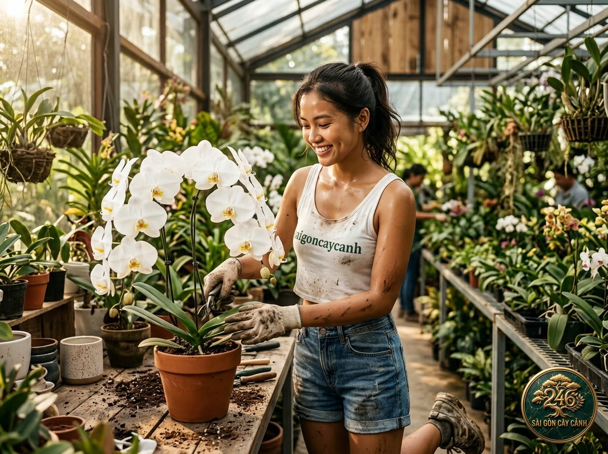 Hands-on plant care moments with Bellina moth orchid (Phalaenopsis bellina) at Saigon Cay Canh