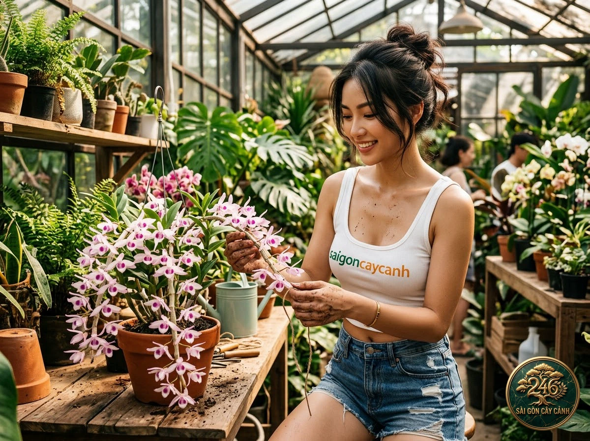 Hands-on plant care moments with Horse phalaenopsis (Phalaenopsis equestris) at Saigon Cay Canh