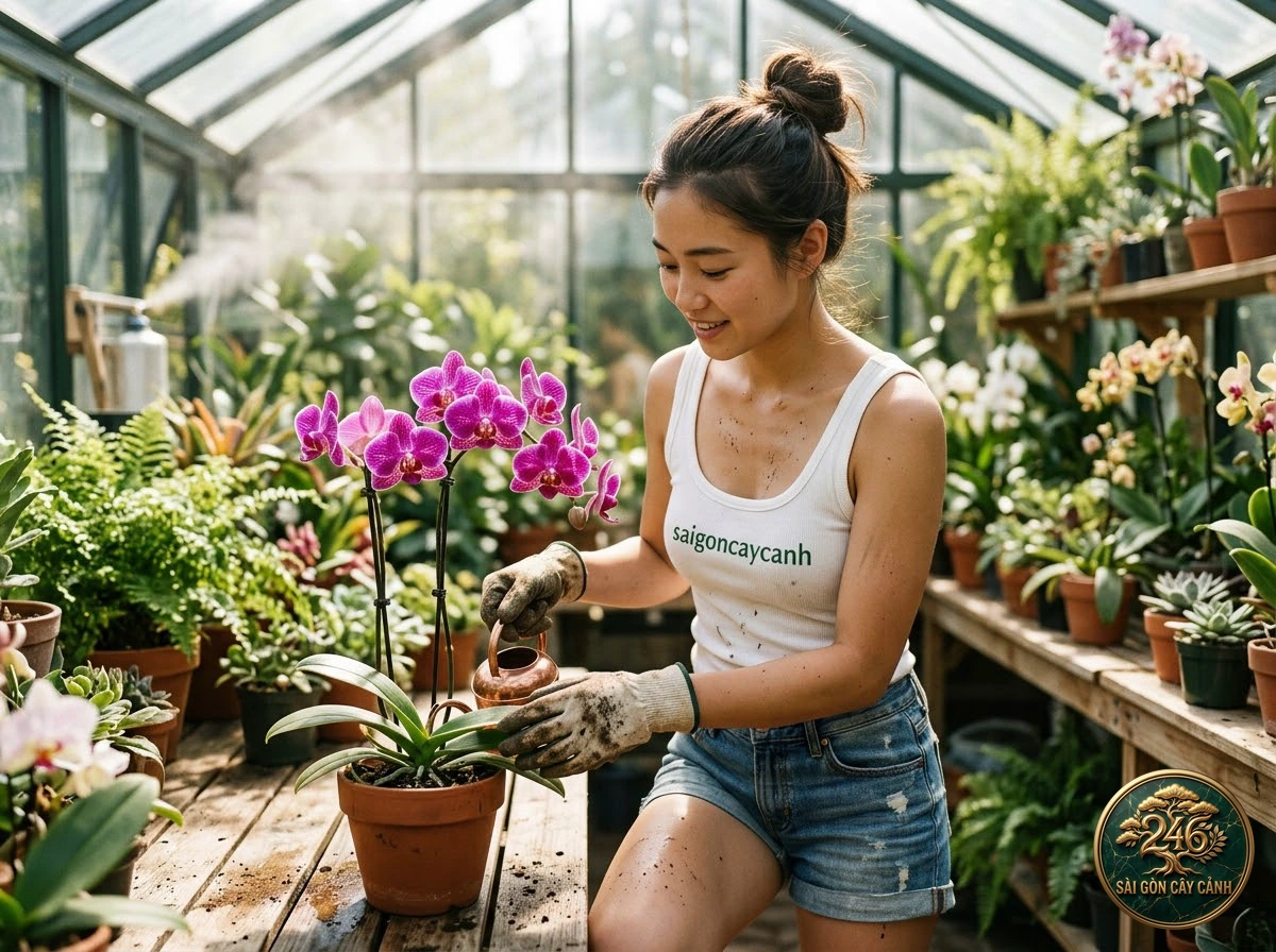 Hands-on plant care moments with Banded phalaenopsis (Phalaenopsis fasciata) at Saigon Cay Canh