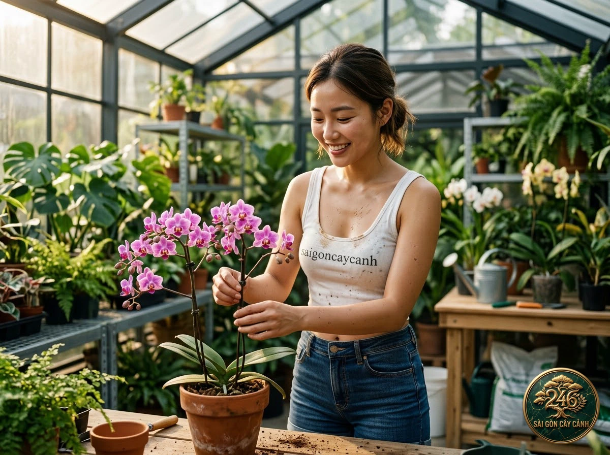 Hands-on plant care moments with Unscented dendrobium anosmum (Dendrobium anosmum) at Saigon Cay Canh