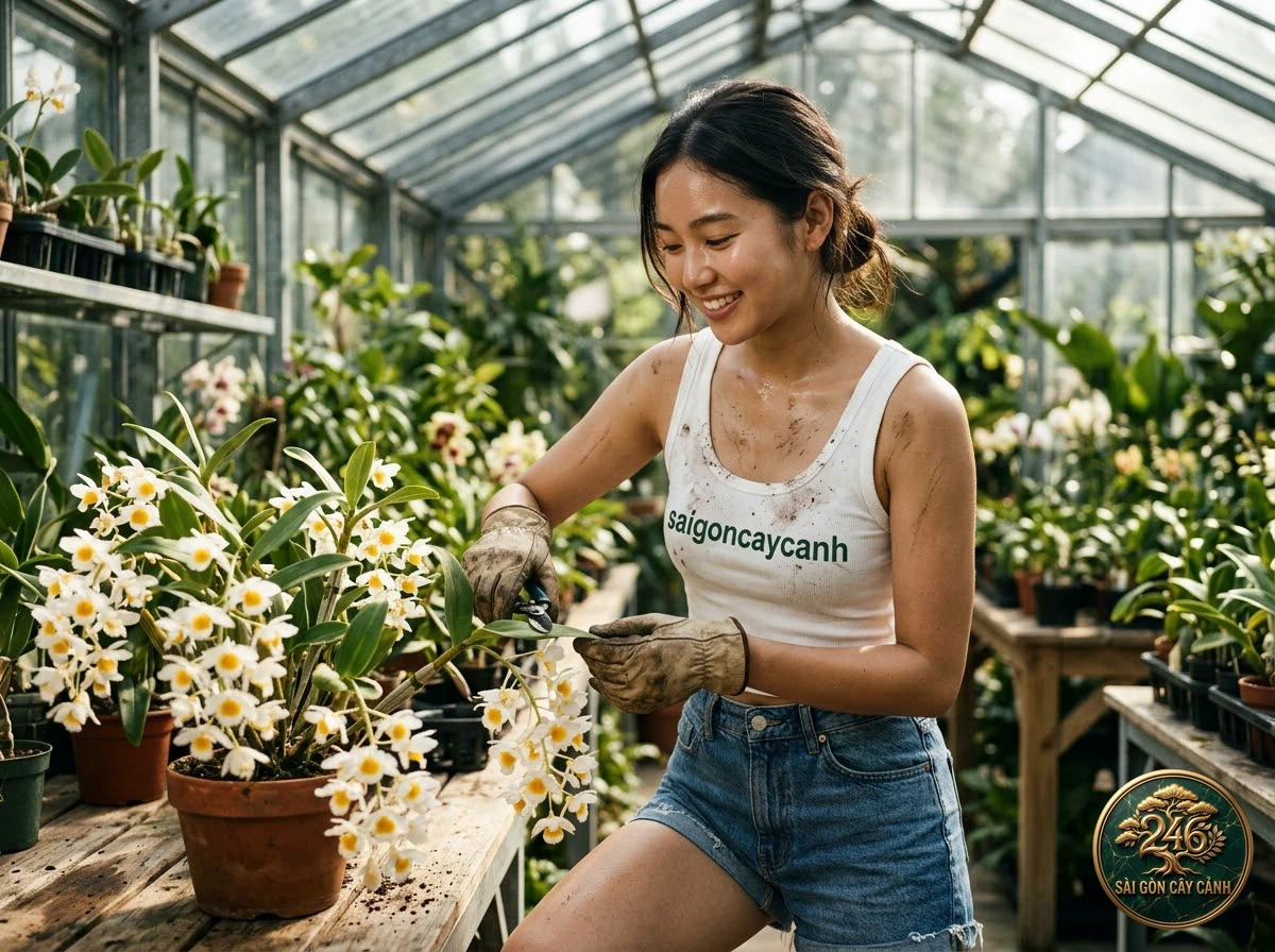 Khoảnh khắc chăm sóc Lan vảy rồng hoàng lạp mini (Dendrobium lindleyi) tại vườn ươm Sài Gòn Cây Cảnh