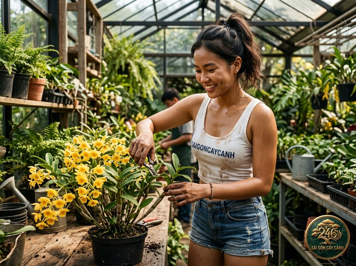 Hands-on plant care moments with Parish’s dendrobium (Dendrobium parishii) at Saigon Cay Canh
