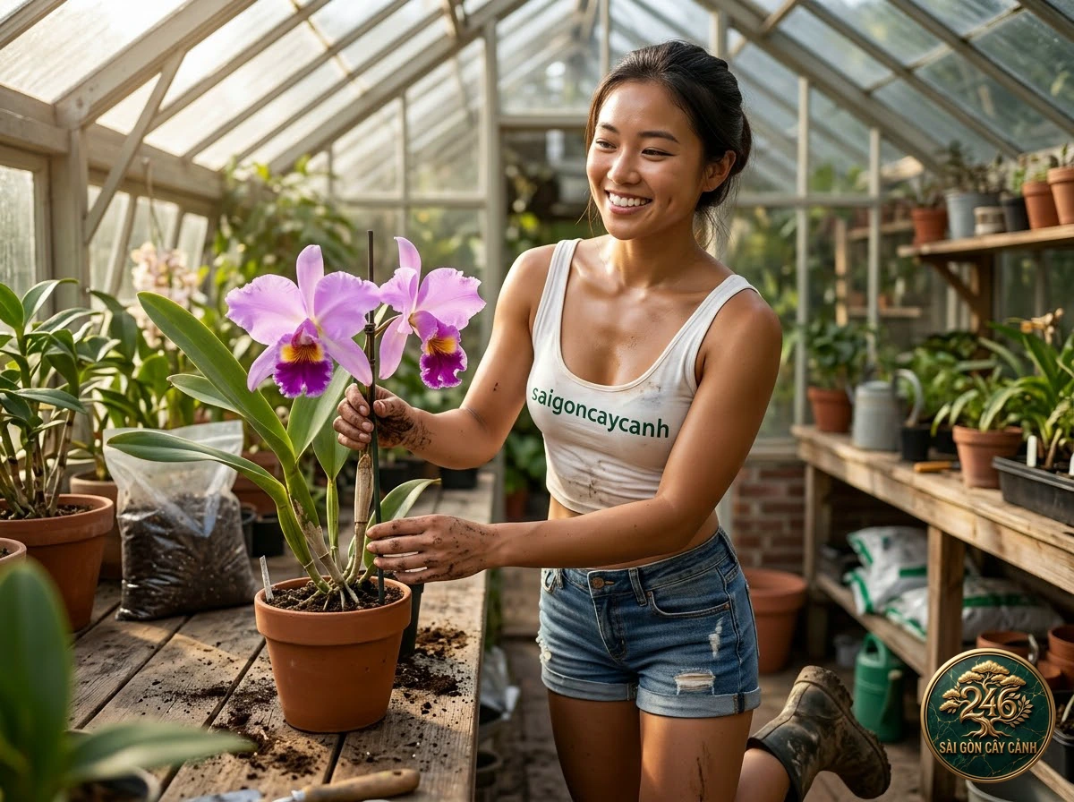 Hands-on plant care moments with Winter cattleya (Cattleya trianae) at Saigon Cay Canh