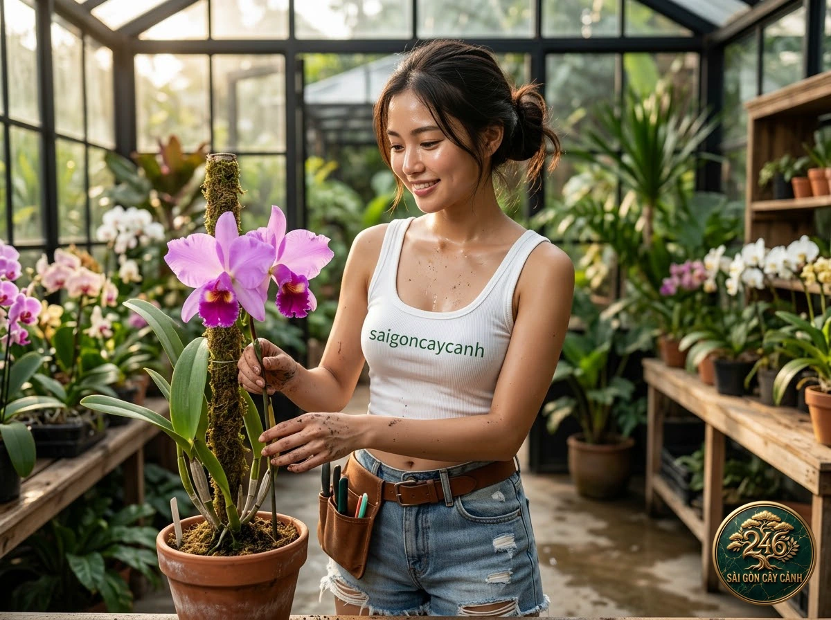 Hands-on plant care moments with Warscewicz’s cattleya (Cattleya warscewiczii) at Saigon Cay Canh