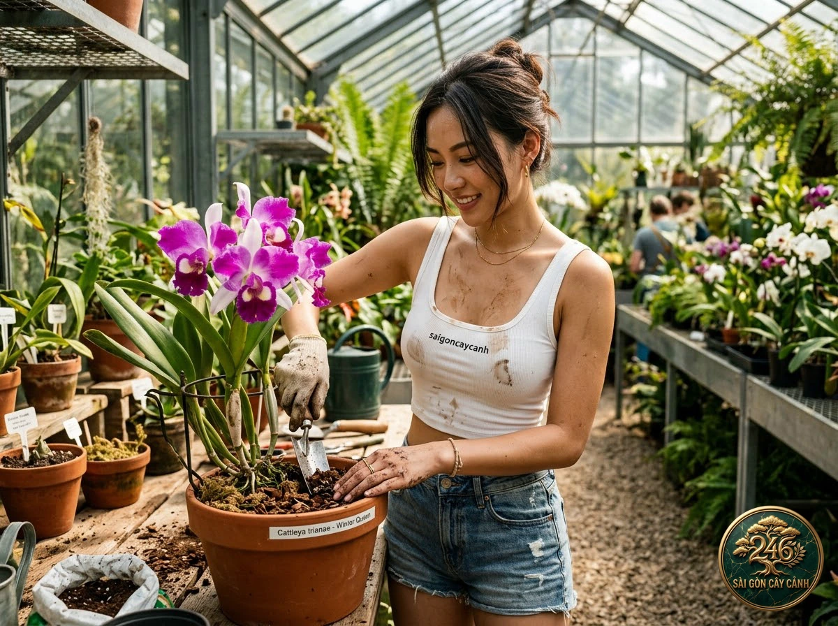 Hands-on plant care moments with Christmas orchid cattleya (Cattleya percivaliana) at Saigon Cay Canh