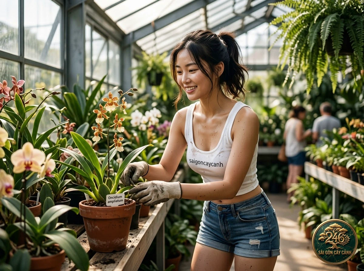 Hands-on plant care moments with Dancing-lady orchid flexuosum (Oncidium flexuosum) at Saigon Cay Canh