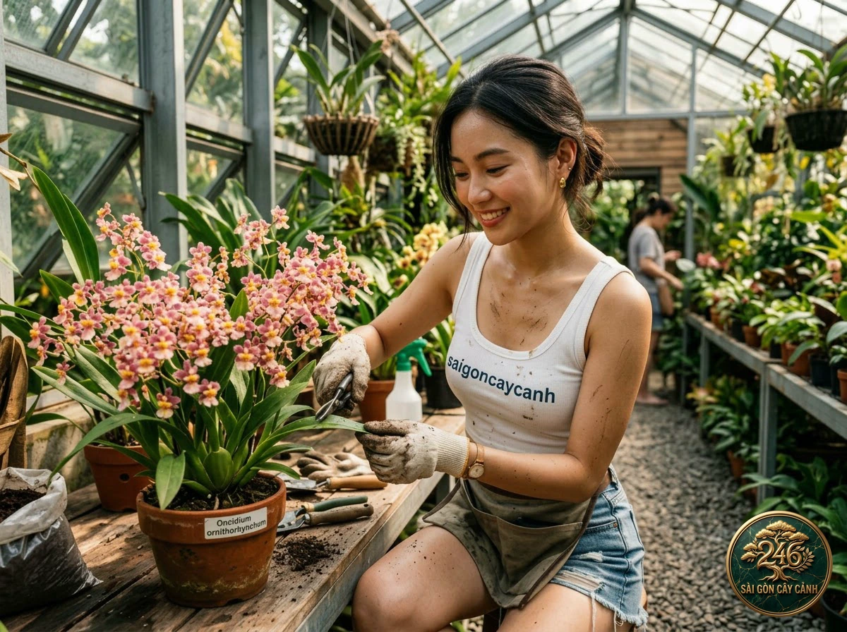 Hands-on plant care moments with Kramer’s butterfly orchid (Psychopsis krameriana) at Saigon Cay Canh