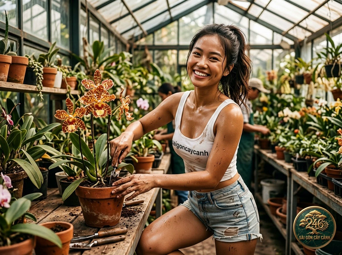 Khoảnh khắc chăm sóc Lan vanda ba màu thơm ngát (Vanda tricolor) tại vườn ươm Sài Gòn Cây Cảnh