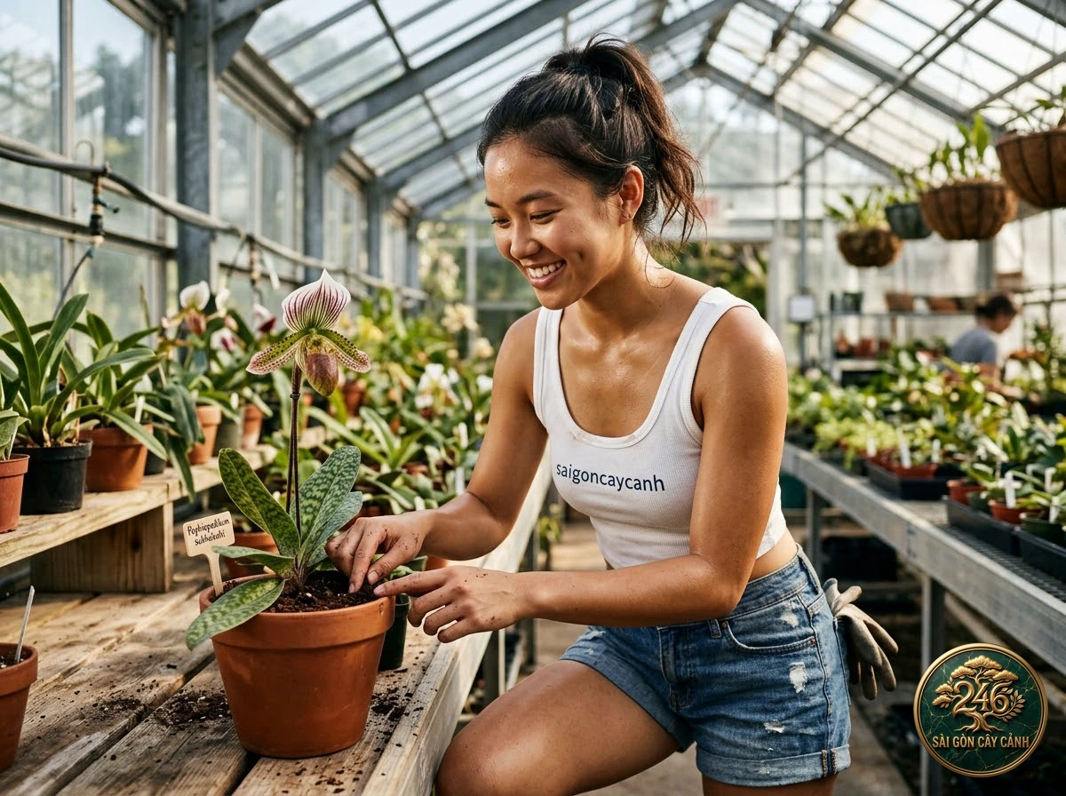 Khoảnh khắc chăm sóc Lan hài đốm trứng cút cánh tròn (Paphiopedilum bellatulum) tại vườn ươm Sài Gòn Cây Cảnh