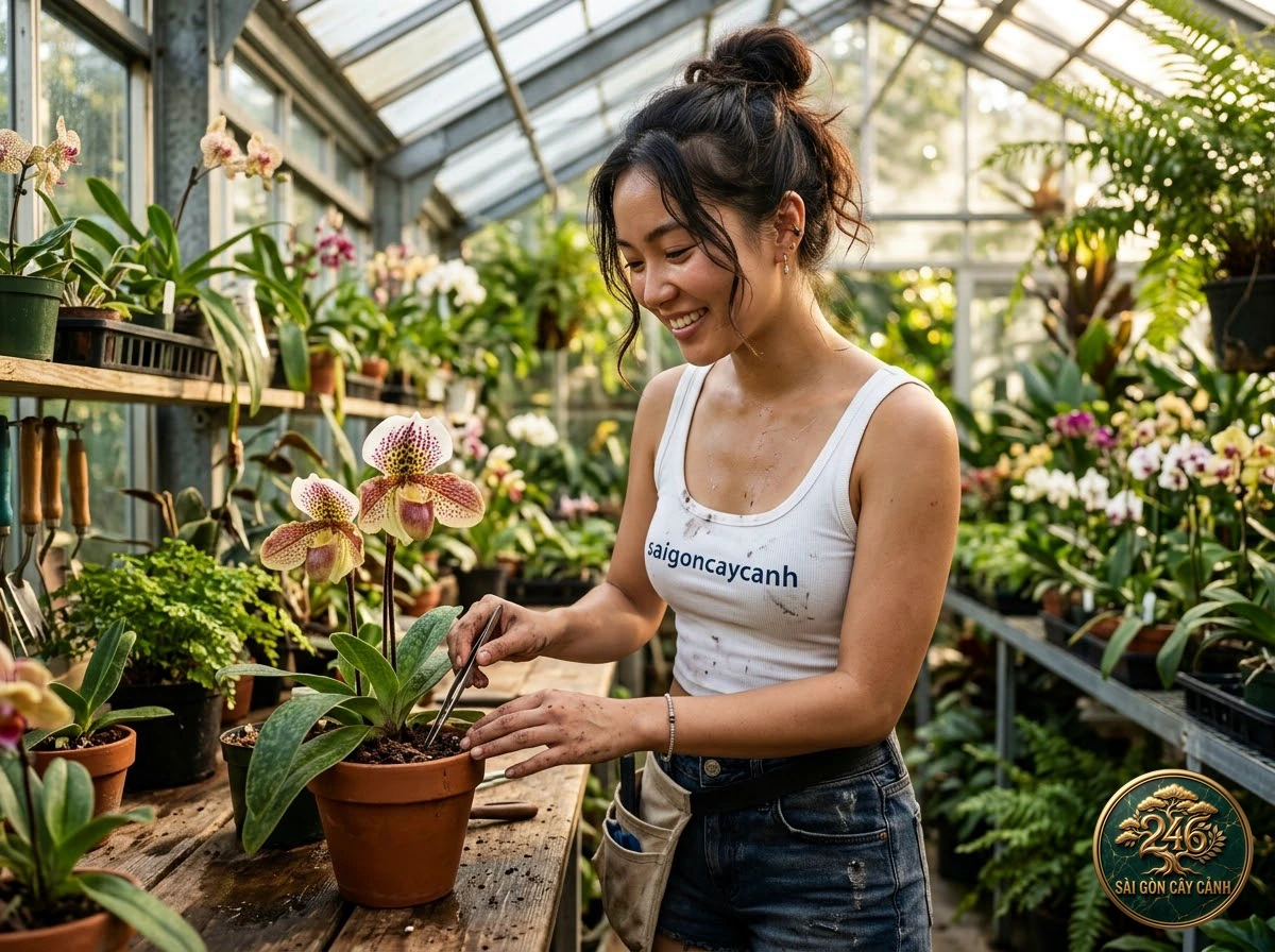 Khoảnh khắc chăm sóc Lan hài cánh ngang đốm xanh (Paphiopedilum sukhakulii) tại vườn ươm Sài Gòn Cây Cảnh