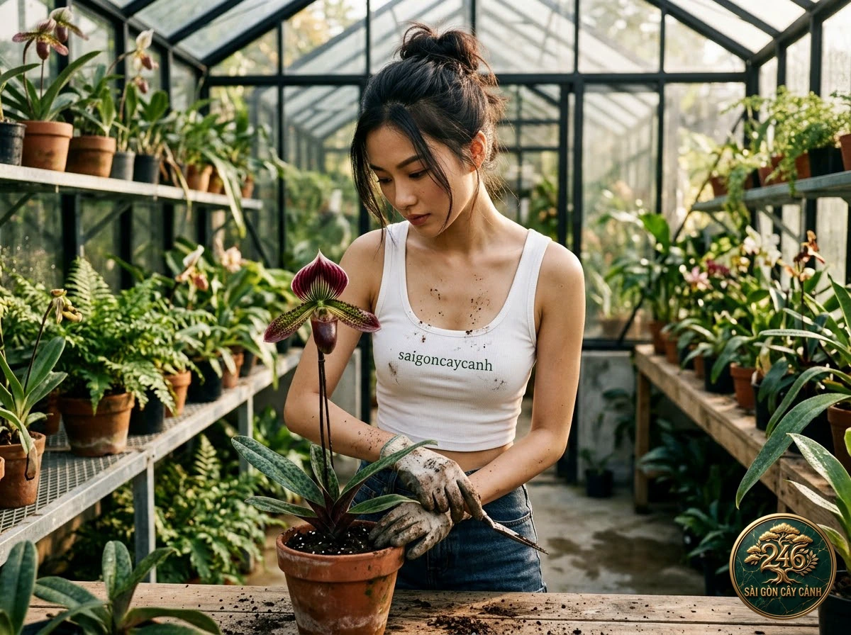 Hands-on plant care moments with Gratrix’s paphiopedilum (Paphiopedilum gratrixianum) at Saigon Cay Canh