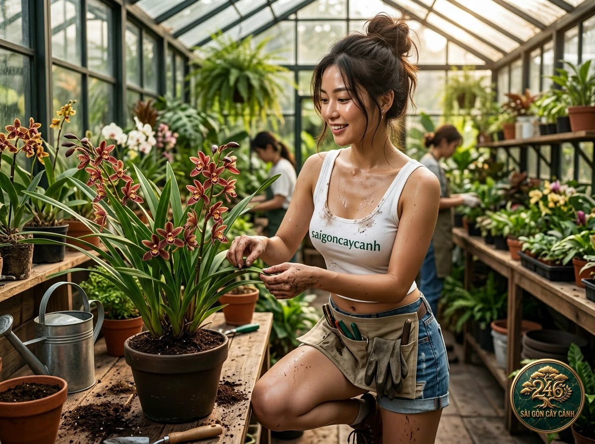 Khoảnh khắc chăm sóc Lan kiếm lá lô hội chùm rủ (Cymbidium aloifolium) tại vườn ươm Sài Gòn Cây Cảnh