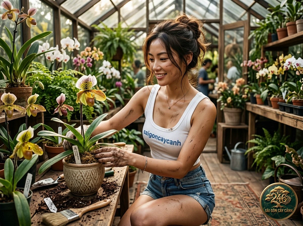 Hands-on plant care moments with Chinese cymbidium (Cymbidium sinense) at Saigon Cay Canh