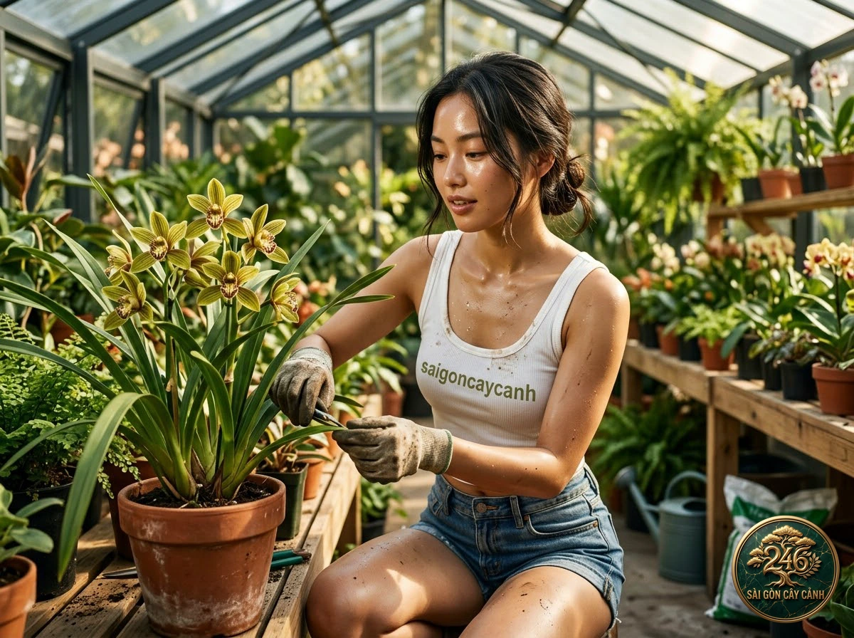 Hands-on plant care moments with Hooker’s cymbidium (Cymbidium hookerianum) at Saigon Cay Canh