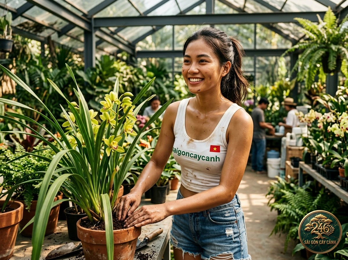 Hands-on plant care moments with Iris-like cymbidium (Cymbidium iridioides) at Saigon Cay Canh