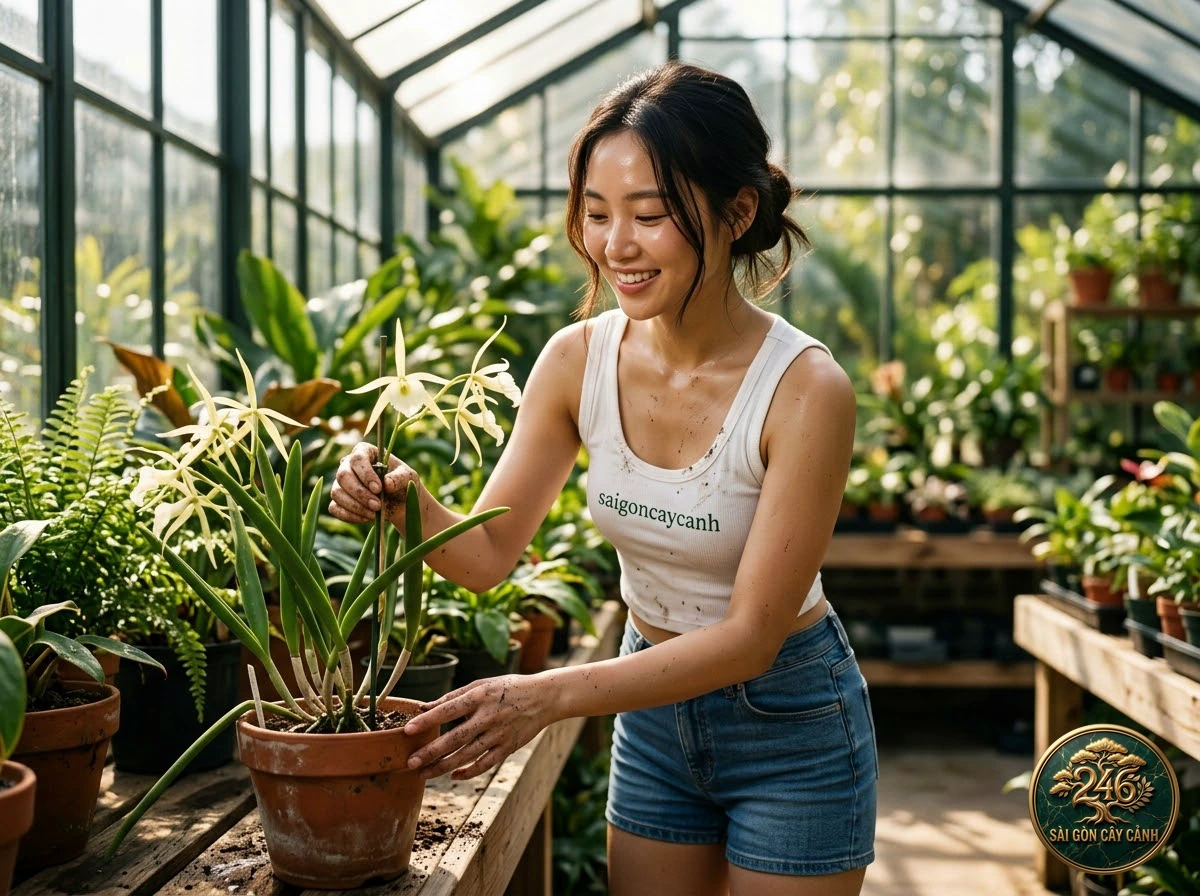 Khoảnh khắc chăm sóc Lan thạch hộc dạ hương đêm (Epidendrum nocturnum) tại vườn ươm Sài Gòn Cây Cảnh