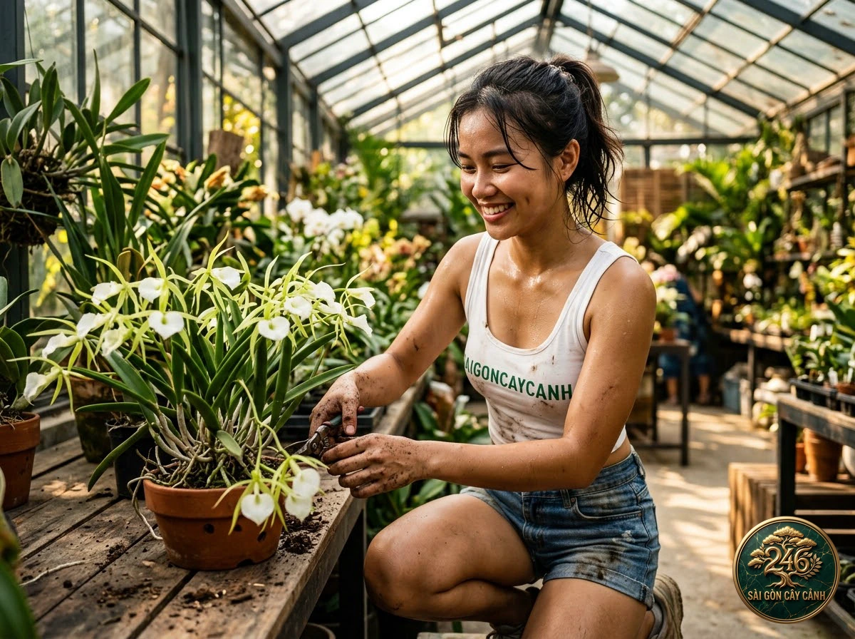 Khoảnh khắc chăm sóc Lan thạch hộc mộc lan xanh (Epidendrum magnoliae) tại vườn ươm Sài Gòn Cây Cảnh