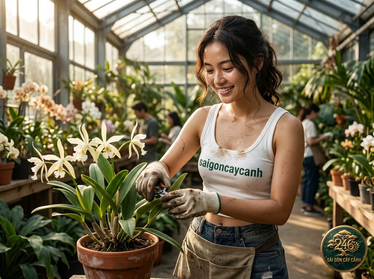 Khoảnh khắc chăm sóc Lan dạ hương nốt sần trắng (Brassavola tuberculata) tại vườn ươm Sài Gòn Cây Cảnh